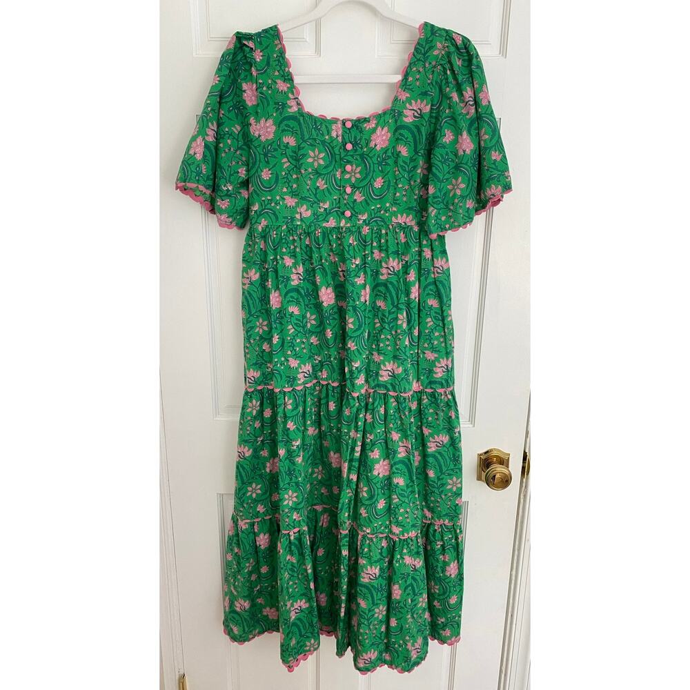 Pink City Prints Tuckernuck Green Forest Rose Maisie Midi Block Print Dress XS - Picture 7 of 11